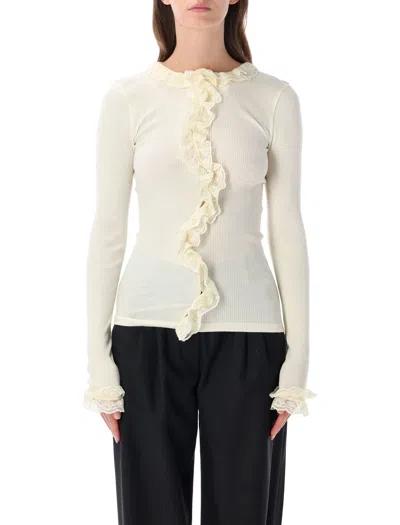 Operasport Lace Trim Ribbed Long Sleeve Top In Neutral