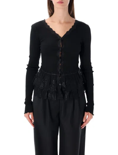 Operasport Lace-trim Button-front Ribbed Top In Black