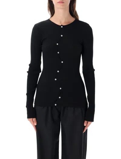 Operasport Ribbed Button-front Long Sleeve Cardigan Top In Black