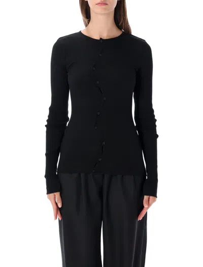 Operasport Ribbed Button-front Long Sleeve Top In Nero
