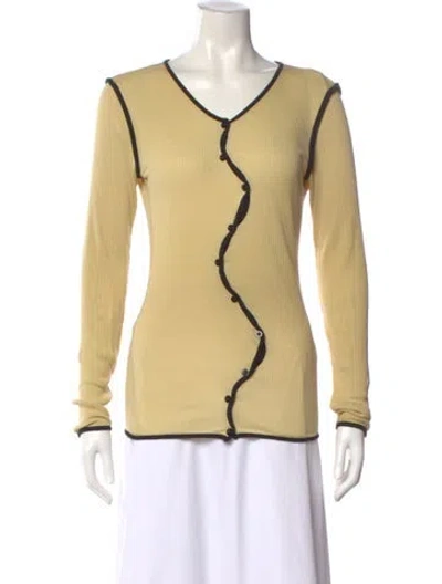 Pre-owned Operasport Silk V-neck Button-up Top In Yellow