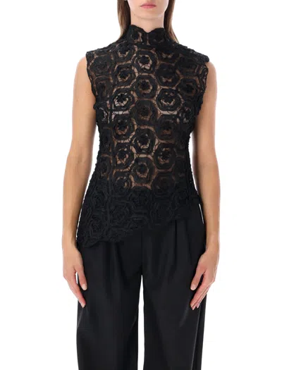 Operasport Sleeveless Sheer Floral Lace Top In Nero