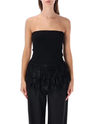 Operasport Strapless Ribbed Lace Peplum Top In Black
