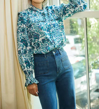 Ophelia And Indigo Beth Floral Blouse Top In Dark Green/navy
