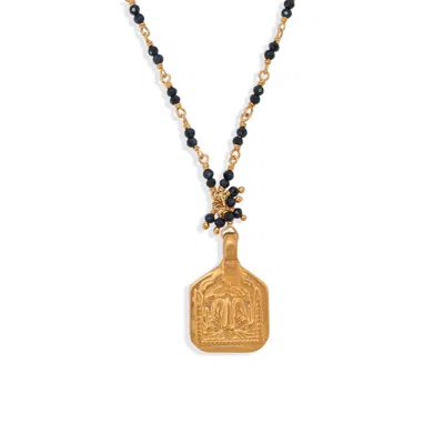 Opium Jewels Women's Black / Gold Vintage Divine Feet Amulet Necklace With Black Spinel Beads In Black/gold
