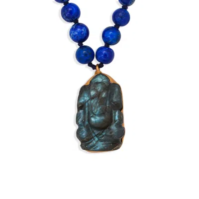 Opium Jewels Women's Blue / Gold / Grey Ganesha Talisman Necklace In Lapiz & Labradorite In Blue/gold/grey