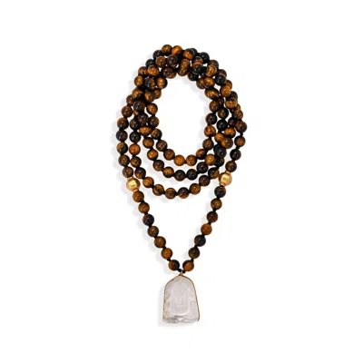 Opium Jewels Women's Brown / Gold / White Ganesha Talisman Necklace In Tigers Eye & Rock Crystal In Brown/gold/white