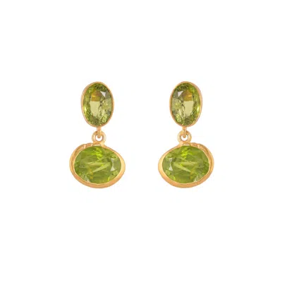Opium Jewels Women's Gold / Green Double Droplet Oval Studs - Peridot