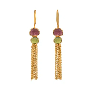 Opium Jewels Women's Gold / Green Fine Chain Earrings With Tourmalines In Gold/green