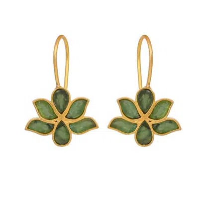 Opium Jewels Women's Gold / Green Water Lotus Earrings - Emeralds In Multi