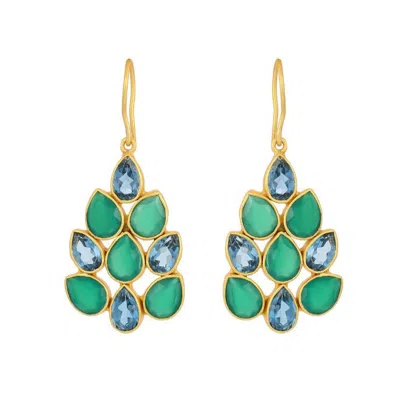 Opium Jewels Women's Green / Blue / Gold Peacock Tail Drops In Blue Topaz & Green Onyx