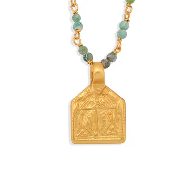 Opium Jewels Women's Green / Gold Vintage Divine Feet Amulet Necklace With Emerald Beads In Green/gold