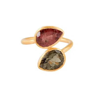 Opium Jewels Women's Green / Pink / Purple Teardrop Cocktail Ring - Deep Pink & Green Tourmaline