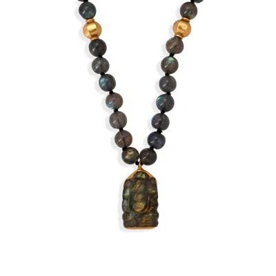 Opium Jewels Women's Grey / Gold Ganesha Talisman Necklace In Labradorite In Grey/gold