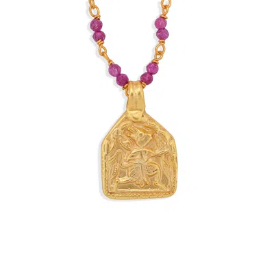 Opium Jewels Women's Pink / Gold / Red Vintage Hanuman Talisman Necklace With Rubies In Pink/gold/red