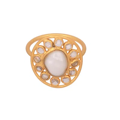 Opium Jewels Women's White / Gold Jali Ring - Pearl & Zirconia In White/gold