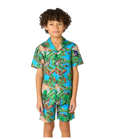 Opposuits Kids' Big Boys 2-piece Minecraft Summer Short Sleeve Shirt And Shorts Set In Green