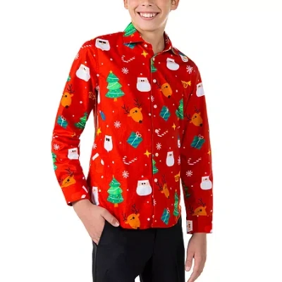 Opposuits Christmas Big Kid Boys Spread Collar Long Sleeve Dress Shirt In Red