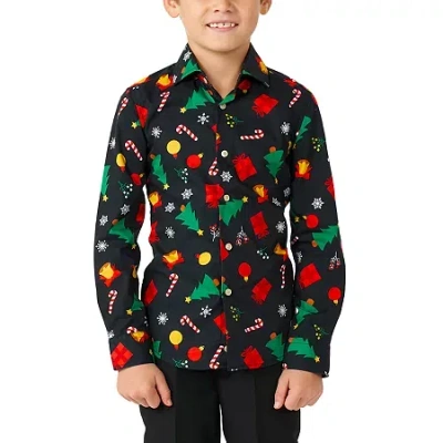 Opposuits Kids' Christmas Little Boys Spread Collar Long Sleeve Dress Shirt In Black
