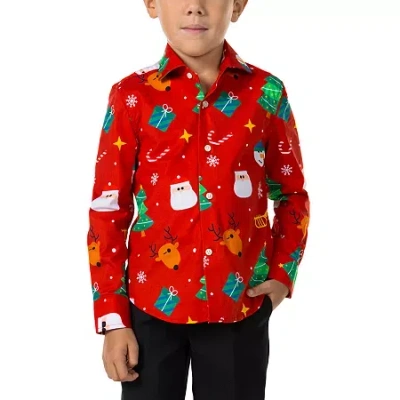 Opposuits Kids' Christmas Little Boys Spread Collar Long Sleeve Dress Shirt In Red