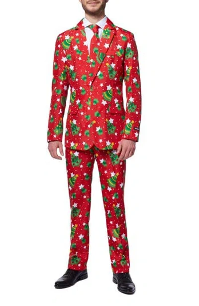 Opposuits Christmas Trees & Stars Trim Fit Suit & Tie In Red