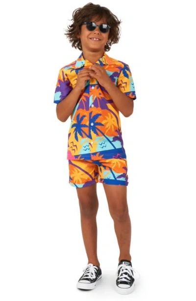 Opposuits Kids' Palm Power Camp Shirt & Shorts Set In Orange Multi