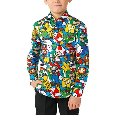 Opposuits Kids' Little Boys Spread Collar Long Sleeve Super Mario Dress Shirt In Multi