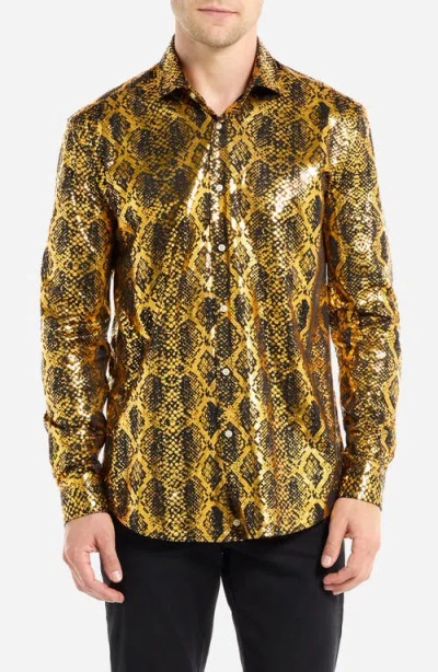 Opposuits Modern Tailored Fit Shiny Snake Wrinkle Resistant Button-up Shirt In Gold