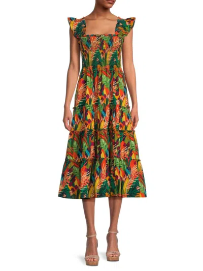 Opt O. P.t Women's Lazy Afternoon Tropical Print Midi Dress In Orange Multicolor