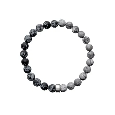 Ora Pearls Black / White / Grey Aro Men's Snowflake Obsidian & Map Jasper Bracelet Silver Bead - Large In Multi