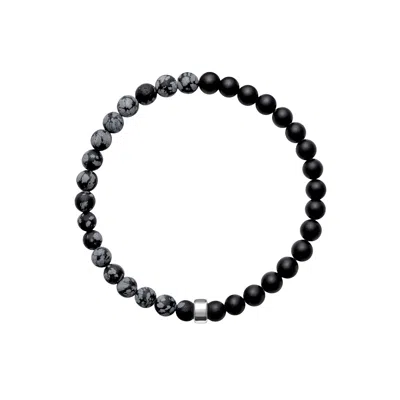 Ora Pearls Black / White / Grey Aro Men's Snowflake Obsidian & Onyx Bracelet Silver Bead In Gray