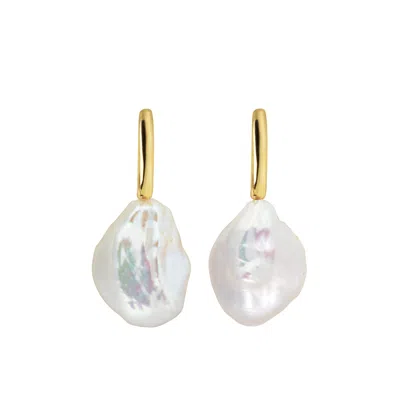 Ora Pearls Women's Gold / White Aetis Flat Baroque Pearl Hoop Earrings-gold In Multi