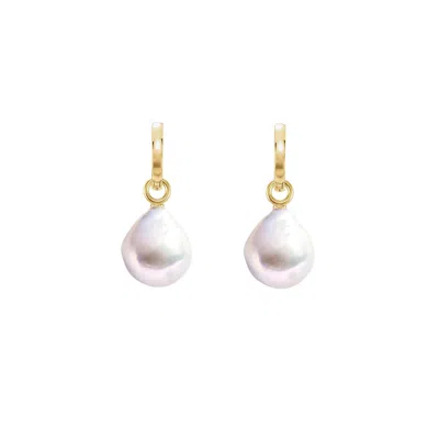 Ora Pearls Women's Gold / White Xxl White Drop Pearl Hoop Earrings - Solid 14ct Gold In Multi