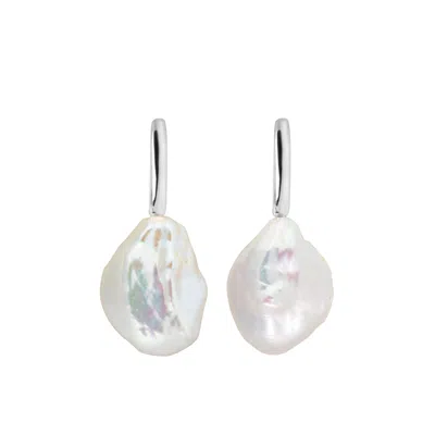 Ora Pearls Women's Silver / White Aetis Flat Baroque Pearl Hoop Earrings-silver In Multi