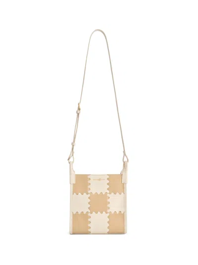 Orange Cube Women's White Small Square Stitch Tote Bag - Cream & Beige