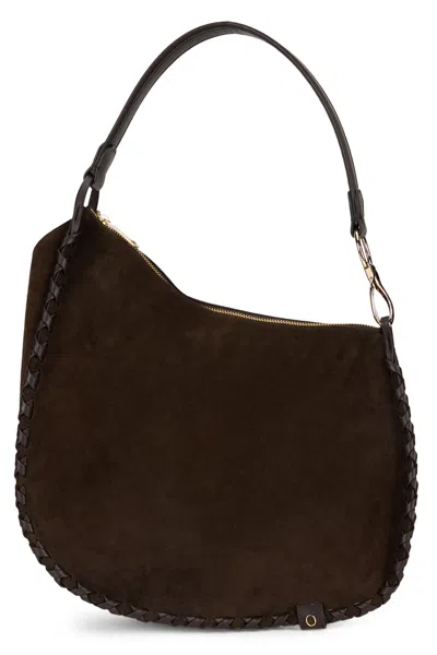Orciani Chaos Midi Suede Shoulder Bag With Curvilinear Design In Blue