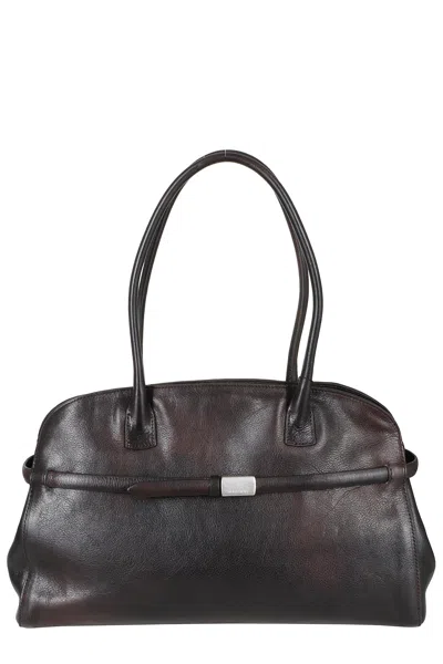 Orciani Dark Brown Lagoon Elongated Calf Leather Handbag In Grey