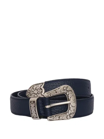Orciani Floral-engraved Leather Belt In Blue