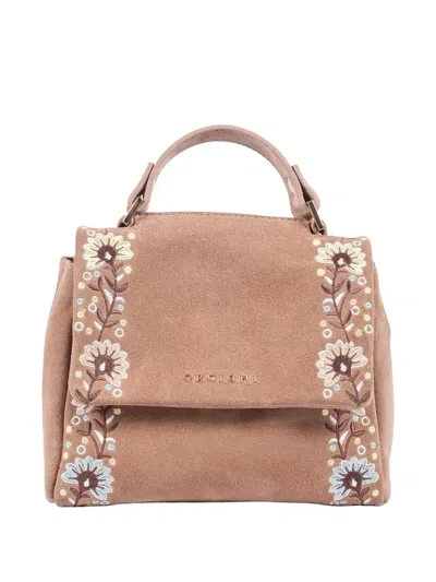 Orciani Floral-embroidered Shoulder Bag In Brown