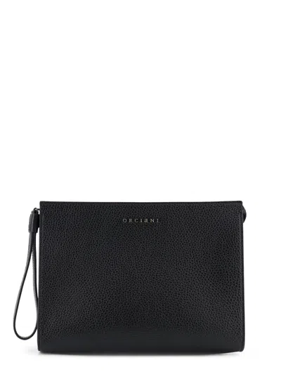 Orciani Hammered Leather Clutch With Logo On The Front In Black