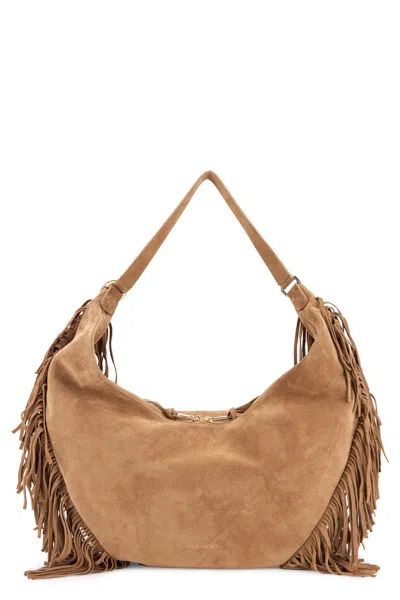Orciani Island Peach Fringe Large Suede Shoulder Handbag In Brown