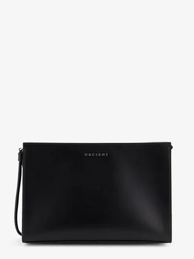 Orciani Leather Clutch Bag With Metal Lettering Logo In Black