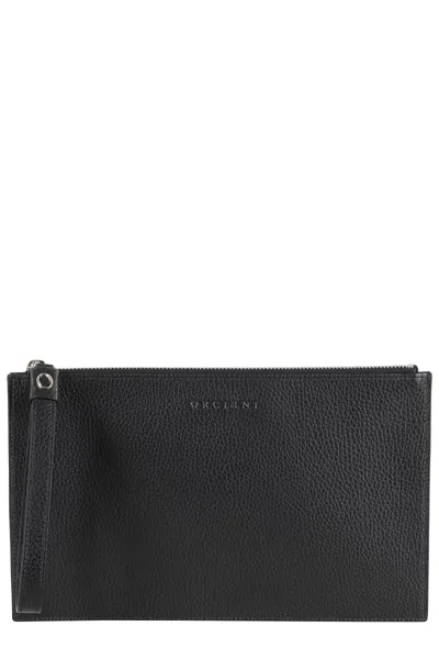 Orciani Micron Leather Pouch With Wrist Wrap In Black