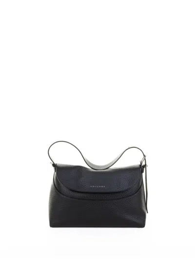 Orciani Nana Soft Shoulder Bag In Hammered Leather With Shoulder Strap Black