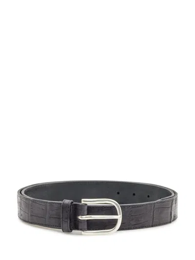 Orciani Black Leather Belt Crocodile Effect In Gray