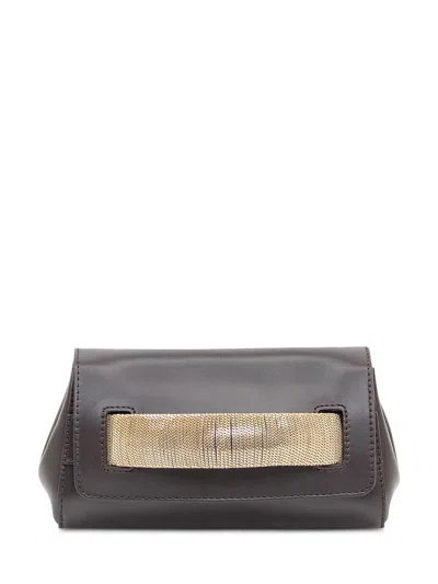 Orciani Brown Leather Clutch Bag With Golden Chain Detail