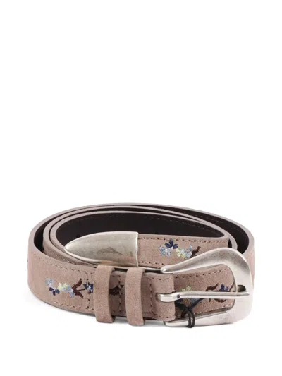 Orciani Peach Floral-embroidered Leather Belt In Neutral