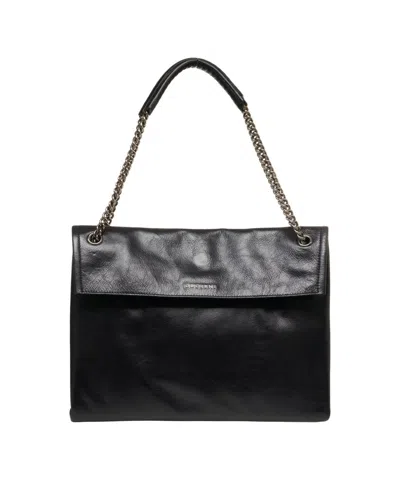 ORCIANI POLISHED BLACK SMOOTH LEATHER SHOULDER BAG WITH CHAIN STRAPS
