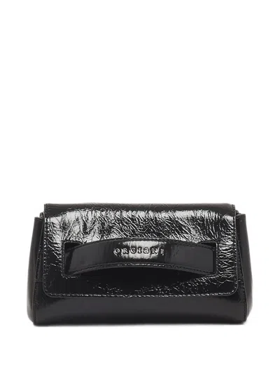 Orciani Small Logo-plaque Crinkled-leather Clutch Bag In Black