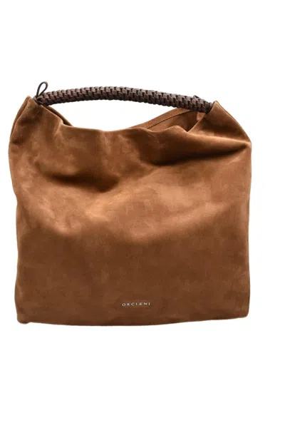 Orciani Soft Suede Shoulder Handbag With Braided Strap In Brown